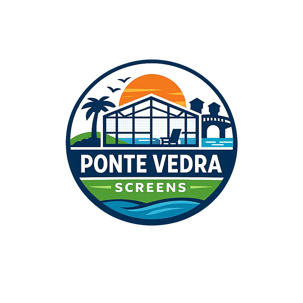 Ponte Vedra Screens circular logo featuring a pool screen enclosure, palm tree, sunset, and waterfront design